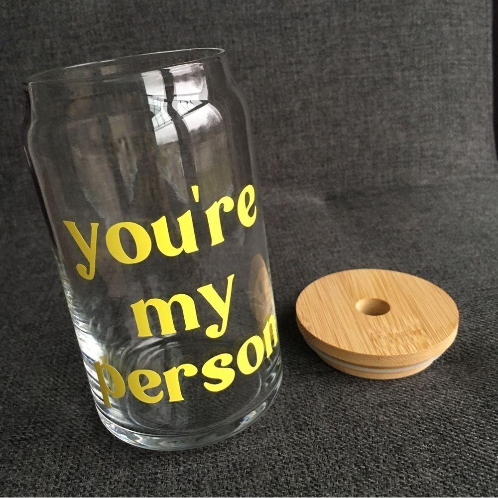 LAST CHANCE! “you’re my person” Glass Cup with Wooden Seal Top, Clear, Yellow